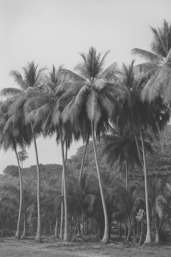 black and white grove of tall palm trees against the sky and green hills